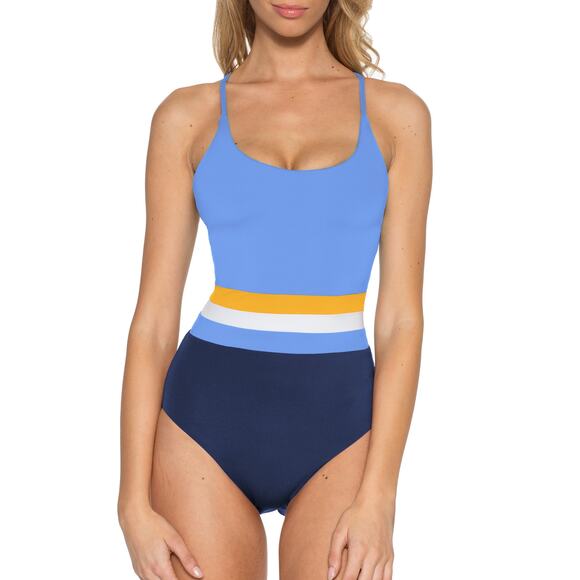 BCA by Rebecca Virtue Palo Alto One Piece Swimsuit Deep Water Blue Yellow White - Picture 3 of 7